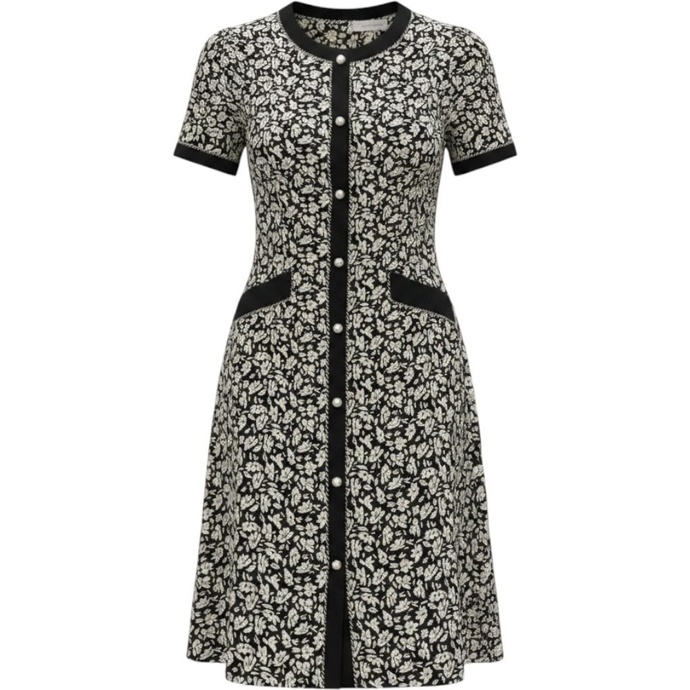 Vtg Petites for Maggy Black White Floral Pearl Button Shift Dress 90s Womens 6
